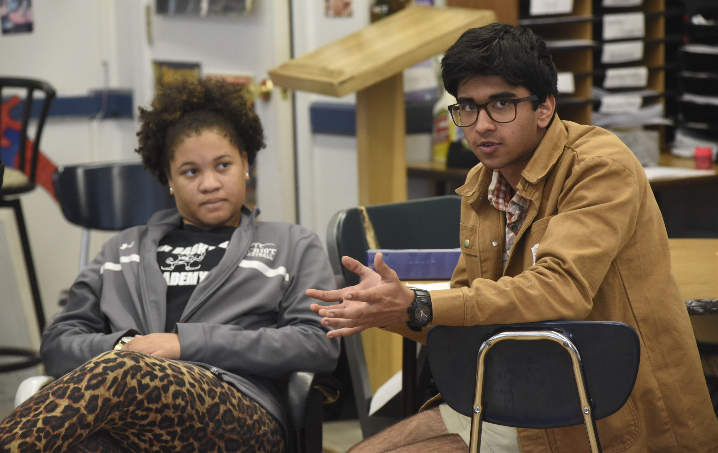 Alma Justice listens as Parth Doshi speaks as Chattanooga School for the Arts and Sciences students discuss Chattanooga 2.0 during their 11th grade seminar class Wednesday, Mar. 23, 2016, in Chattanooga, Tenn.