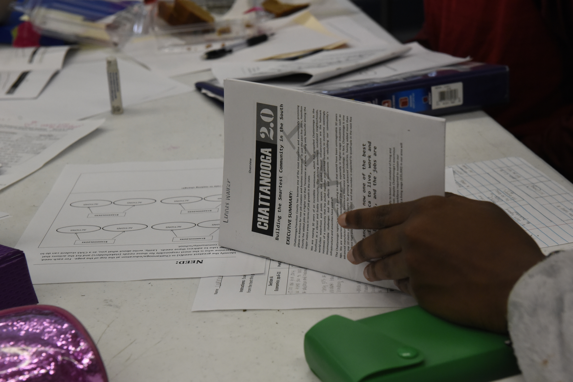 Chattanooga School for the Arts and Sciences students discuss Chattanooga 2.0 during their 11th grade seminar class Wednesday, Mar. 23, 2016, in Chattanooga, Tenn.