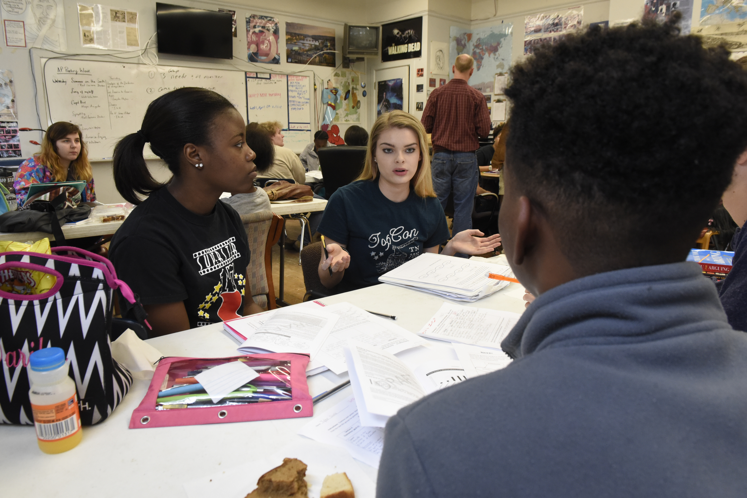 Chattanooga School for the Arts and Sciences students Darika Scott, Shelby Hudson and Tyler Silves (CQ), from left, discuss Chattanooga 2.0 during their 11th grade seminar class Wednesday, Mar. 23, 2016, in Chattanooga, Tenn.