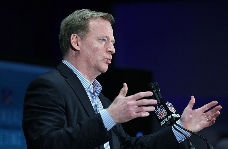 
              NFL Commissioner Roger Goodell gestures during a press conference at the NFL owners meeting in Boca Raton, Fla., Wednesday, March 23, 2016. (AP Photo/Luis M. Alvarez)
            