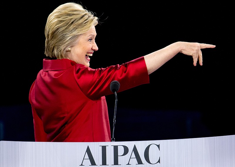 Democratic presidential candidate Hillary Clinton points after speaking at the 2016 American Israel Public Affairs Committee Policy Conference on Monday at the Verizon Center in Washington.