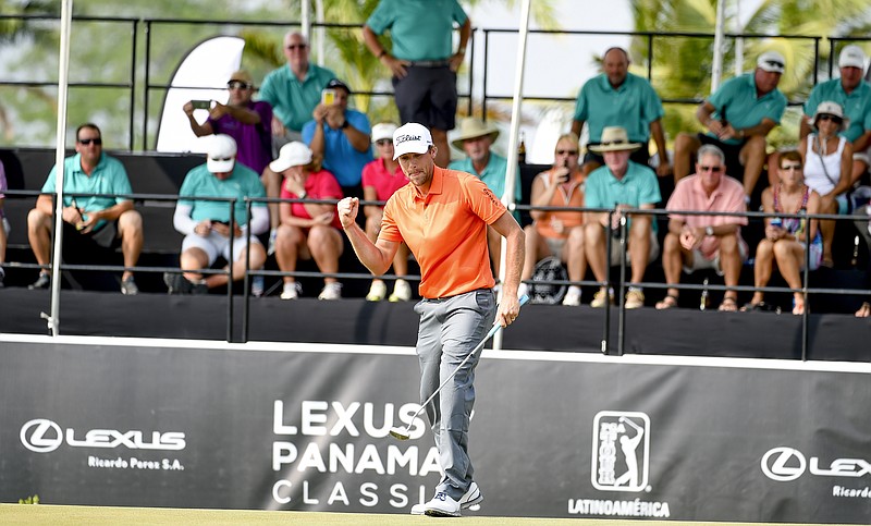 Former Soddy-Daisy High School and UTC golfer Derek Rende celebrates Sunday after making a putt during the final round of his victory at the Lexus Panama Classic, a PGA Tour Latinoamerica tournament.
