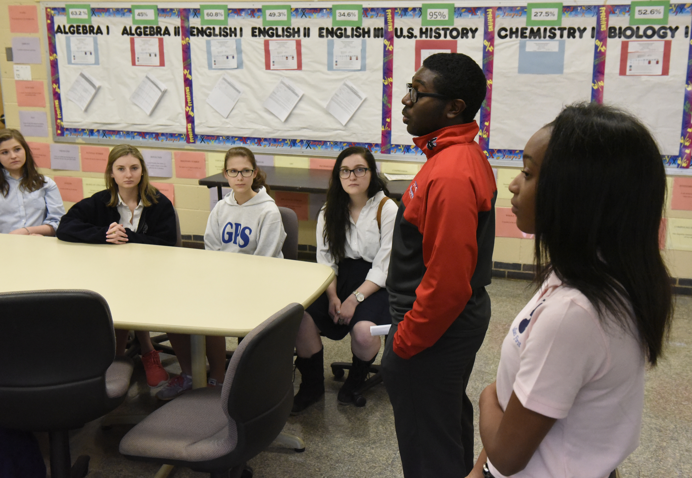 Kadarius Schoo, Brainerd student body president, and Kimalyah Evan, right, president of the school's Ladies First program, talk to students from a social justice class at the Girls Preparatory School as they visit Brainerd High School on Thursday, Mar. 24, 2016, in Chattanooga, Tenn.