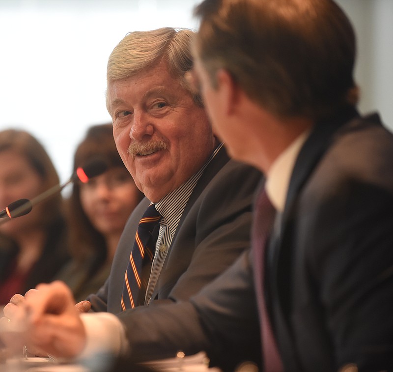 Tennessee Sen. Randy McNally, left, speaks to Sen. Bo Watson in 2015.