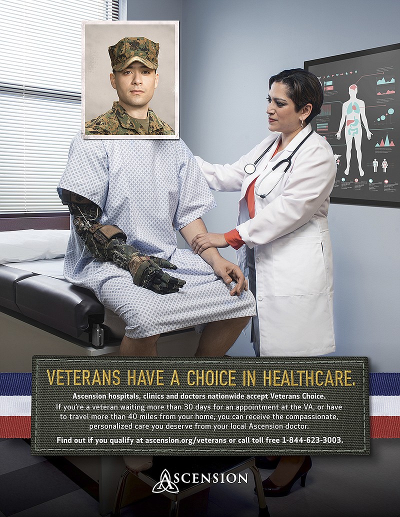 
              This undated photo provided by Ascension Health shows an advertising image for St. Louis-based Ascension Health, the nation's largest nonprofit health care system. Starting Monday, March 28, 2016, Ascension will be courting military veterans with a multimillion-dollar ad campaign, raising concerns from some veterans groups that private sector marketing could weaken the Department of Veterans Affairs health care system. (Ascension Health via AP)
            