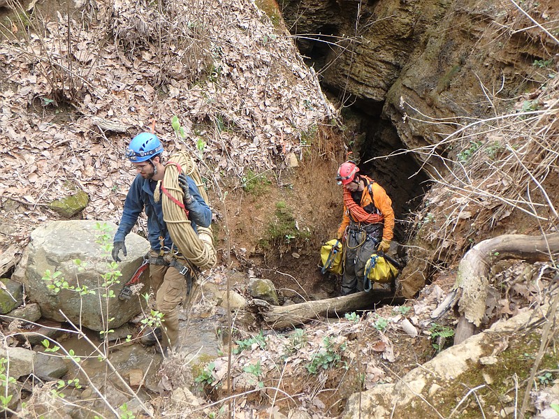 Jon Oxentenko with about 600 feet of rope and Joe Fetner, both of CHCRS, with two gear bags and another 200 feet of rope exiting the cave after the rescue. (Contributed Photo/Chattanooga-Hamilton County Rescue)