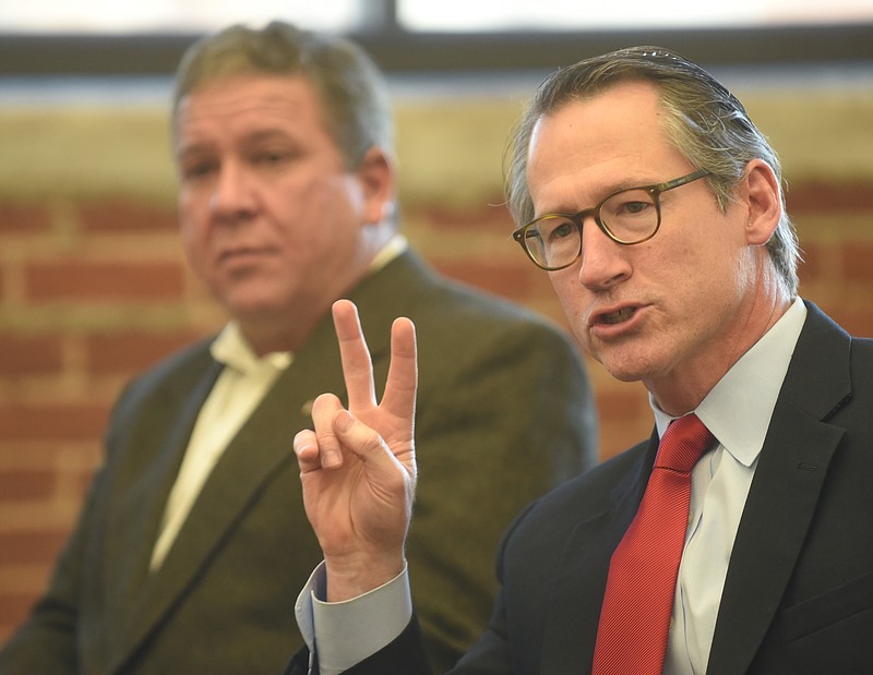 State Sen. Bo Watson, foreground, speaks speaks as Tennessee House Majority Leader Gerald McCormick listens during a meeting at the Chattanooga Times Free Press in January. Watson is sponsoring legislation affecting the Hamilton County Water and Wastewater Treatment Authority.