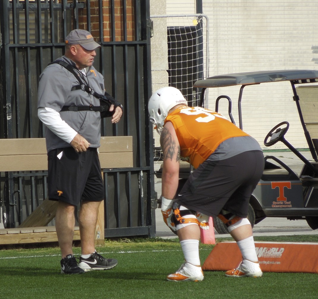 Tennessee defensive line coach Steve Stripling looks on during a recent practice. Several of Stripling's young players are getting plenty of time during spring practice because of injuries.