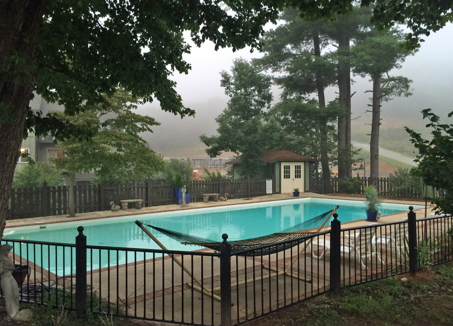 Lounge by the outdoor pool at the Reynolds Mansion in Asheville, North Carolina.