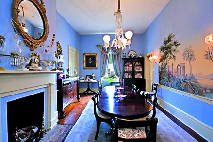 Guests are served a gourmet breakfast on antique china in the dining room of the Historic Oak Hill Inn in Natchez, Mississippi.
