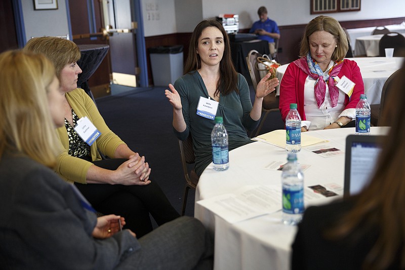 Willa Kalaidjian, center, participates in a panel discussion about managing venture growth at the Mad, Bad & Dangerous event at Girls' Preparatory School on Saturday, March 12, 2016, in Chattanooga, Tenn.