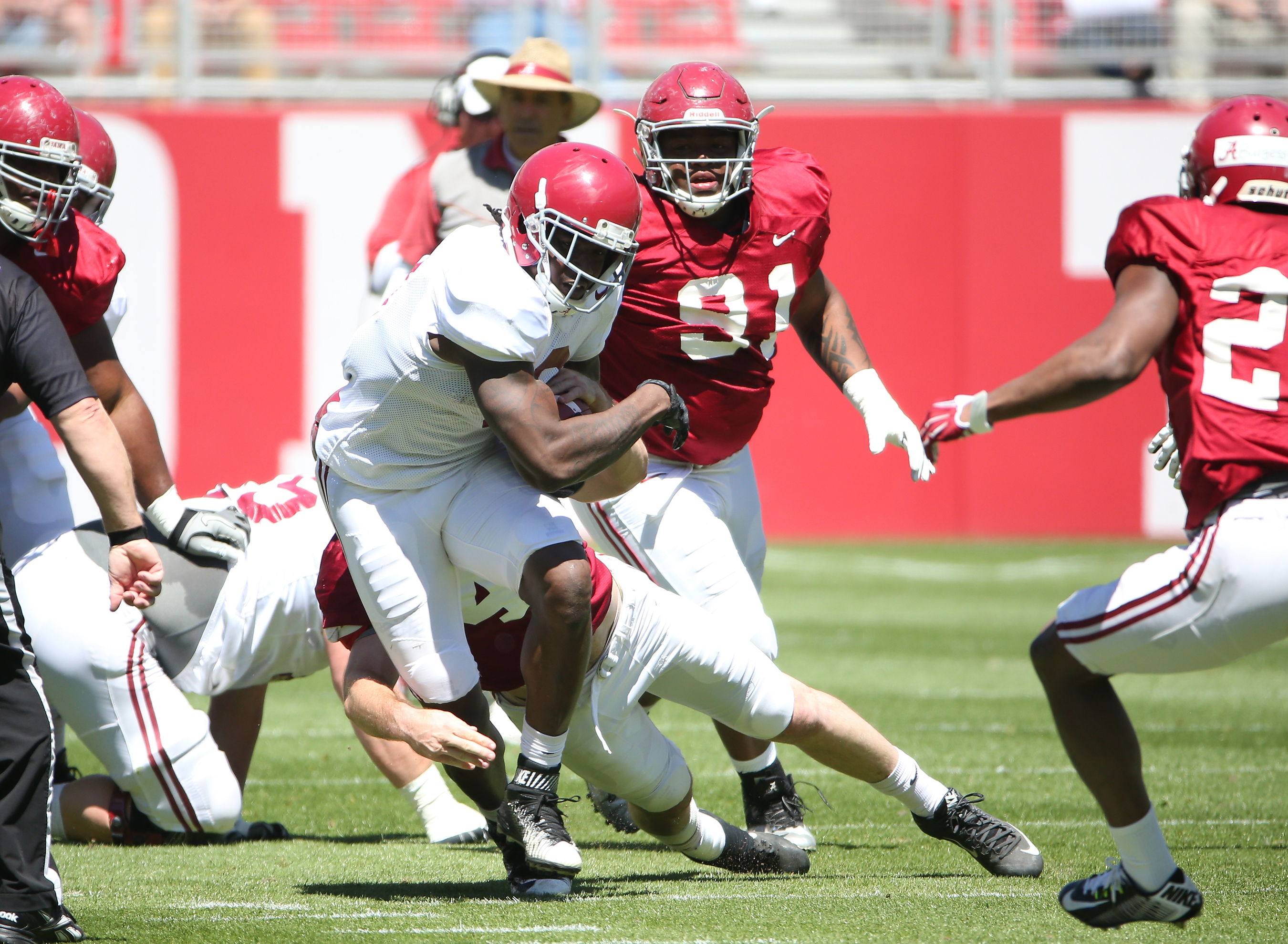 Sophomore running back Bo Scarbrough had nine carries for 132 yards and three touchdowns Saturday during Alabama's first scrimmage of the spring.