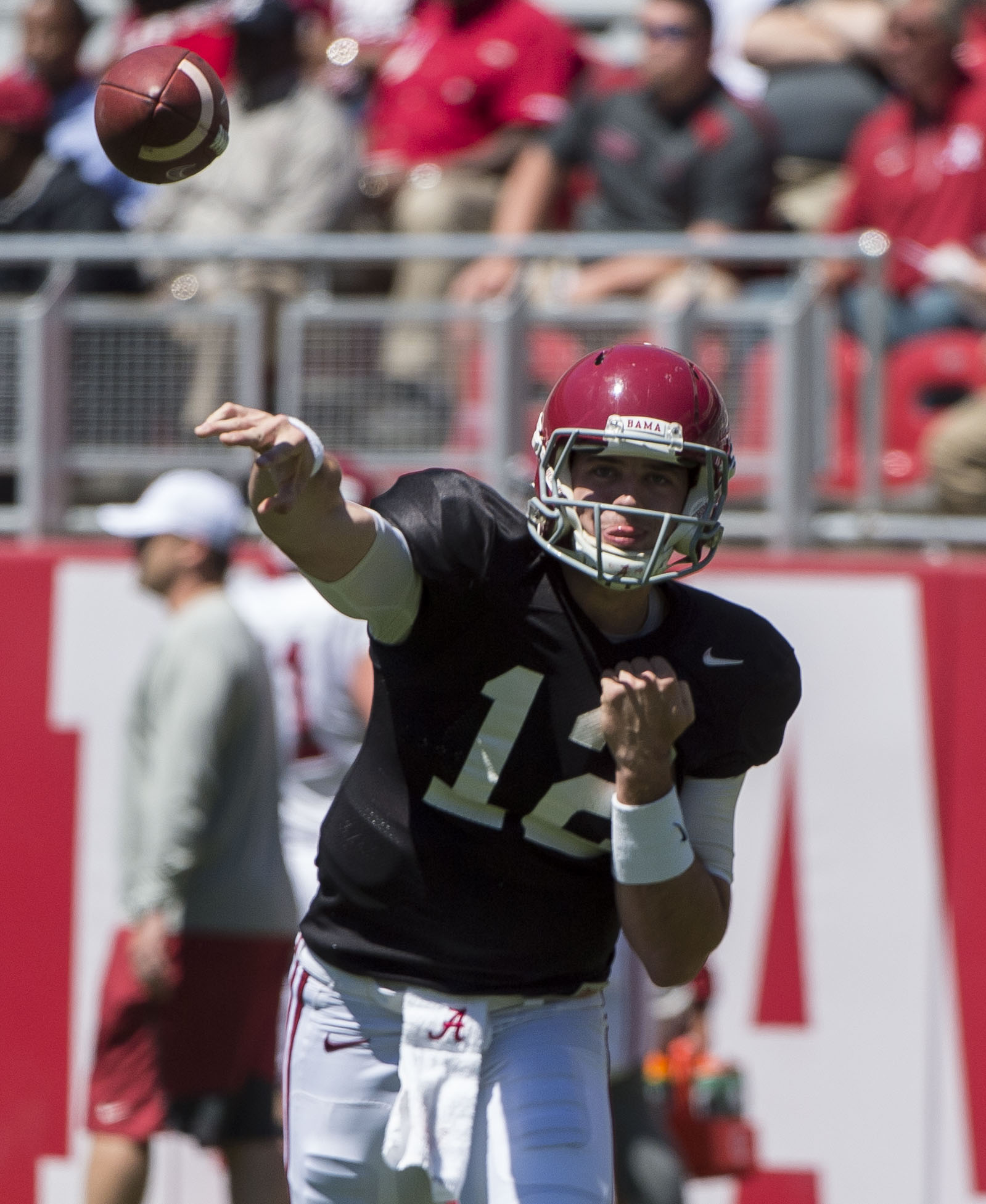 Alabama quarterback David Cornwell (12) works through drills during spring NCAA college football practice, Saturday, April 2, 2016, at Bryant-Denny Stadium in Tuscaloosa, Ala. (Vasha Hunt/AL.com via AP) MAGS OUT; MANDATORY CREDIT
