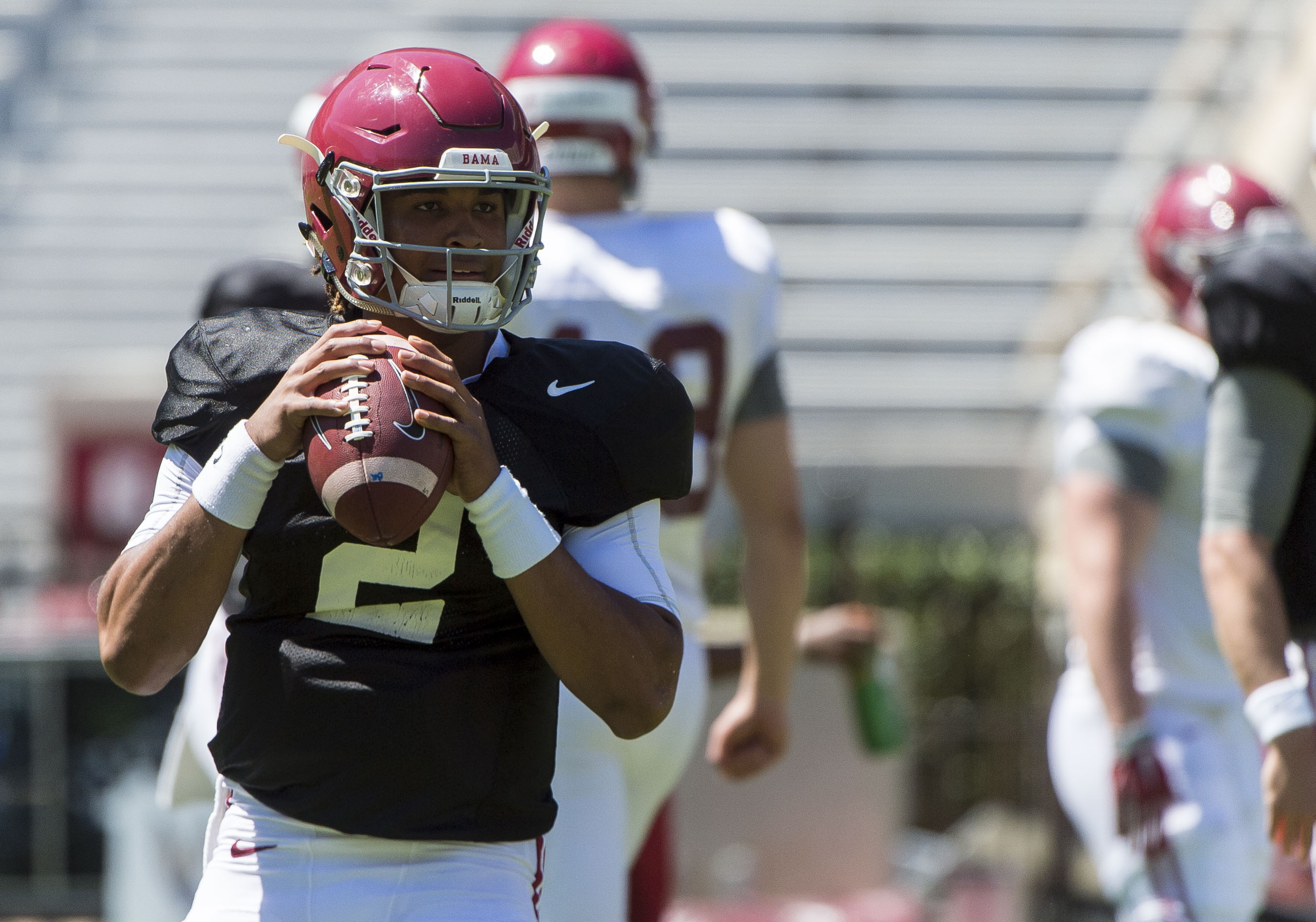 Alabama quarterback Jalen Hurts (2) works through drills during spring NCAA college football practice, Saturday, April 2, 2016, at Bryant-Denny Stadium in Tuscaloosa, Ala. (Vasha Hunt/AL.com via AP) MAGS OUT; MANDATORY CREDIT