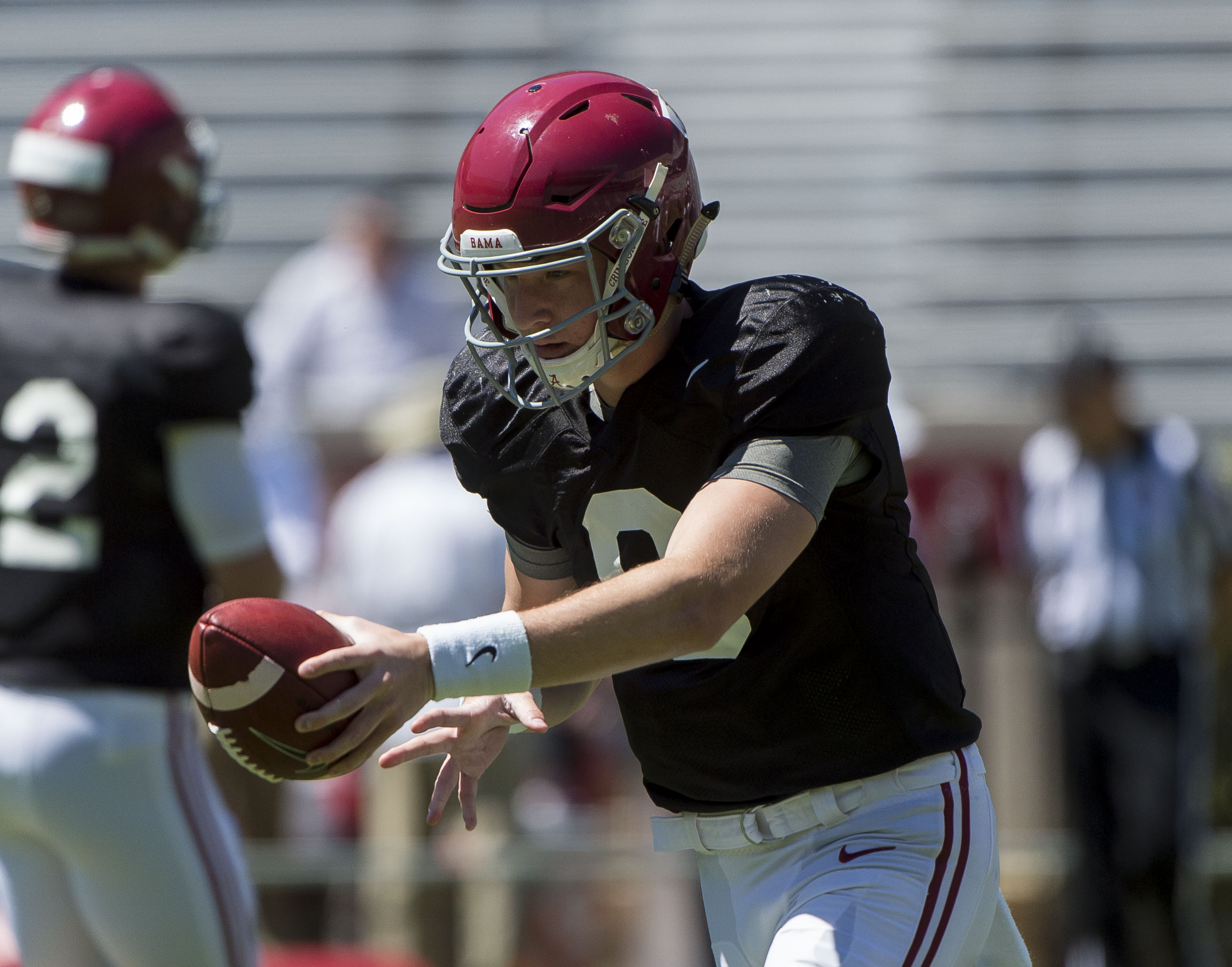 Alabama quarterback Blake Barnett (8) works through drills during spring NCAA college football practice, Saturday, April 2, 2016, at Bryant-Denny Stadium in Tuscaloosa, Ala. (Vasha Hunt/AL.com via AP) MAGS OUT; MANDATORY CREDIT