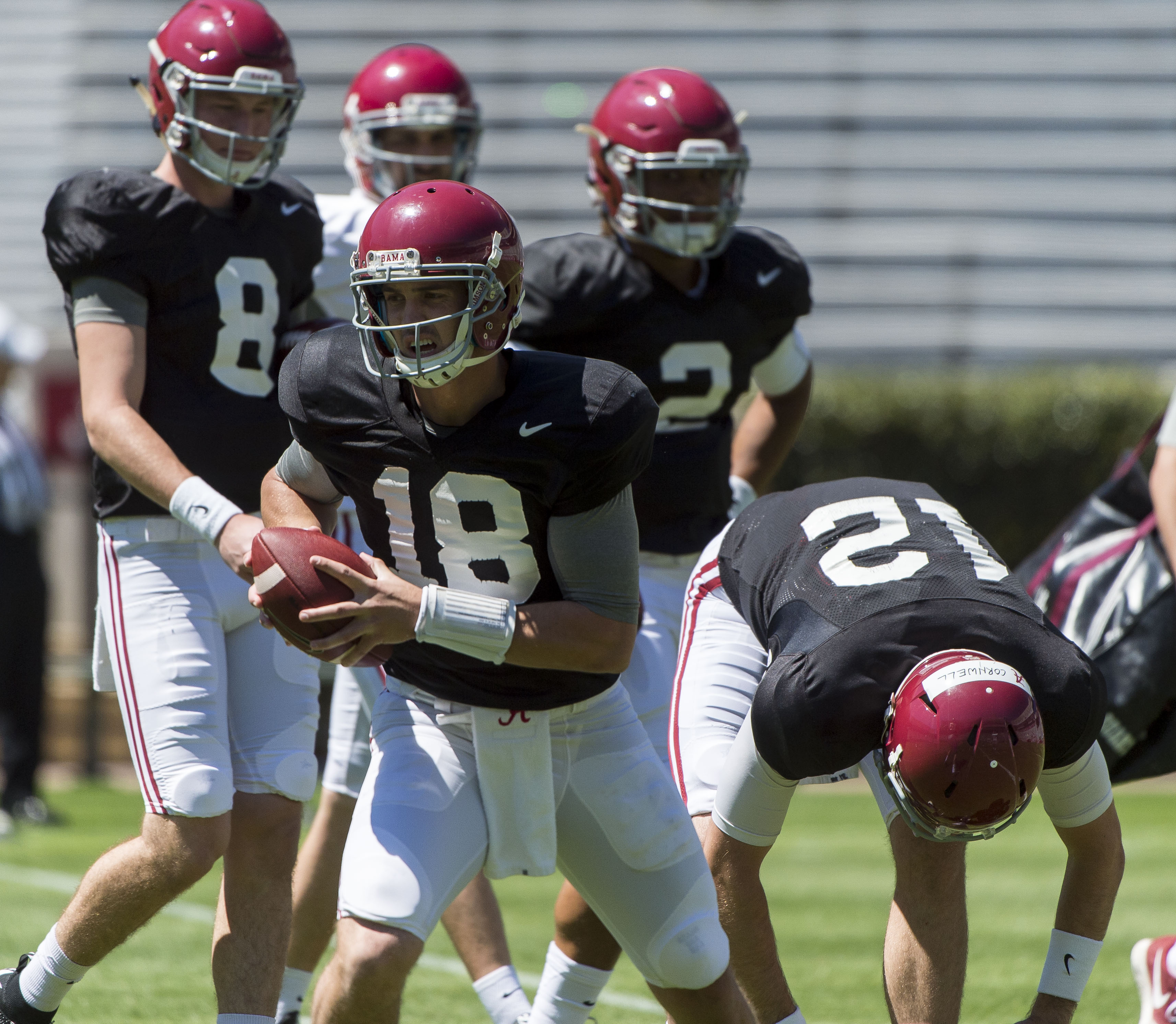 Alabama quarterback Cooper Bateman (18) works through drills during spring NCAA college football practice, Saturday, April 2, 2016, at Bryant-Denny Stadium in Tuscaloosa, Ala. (Vasha Hunt/AL.com via AP) MAGS OUT; MANDATORY CREDIT