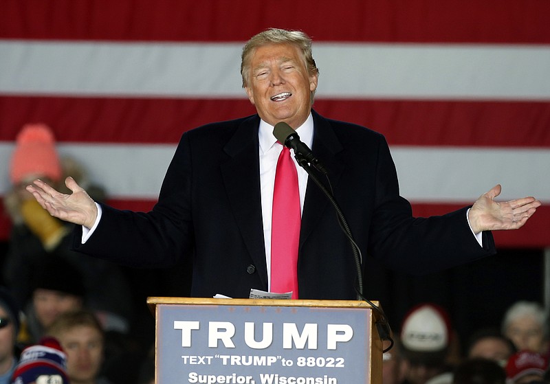 Republican presidential candidate Donald Trump speaks, Monday, April 4, 2016, during a campaign rally in a hangar at the Bong Airport in Superior, Wis.