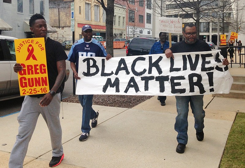 Protesters demonstrate against the killing of a black man by a white police officer in Montgomery, Ala., on Thursday, March 10, 2016. Officer Aaron Smith is charged with murder in the shooting death of Greg Gunn, but a demonstration leader said city officials are alienating community members in the aftermath of the shooting.