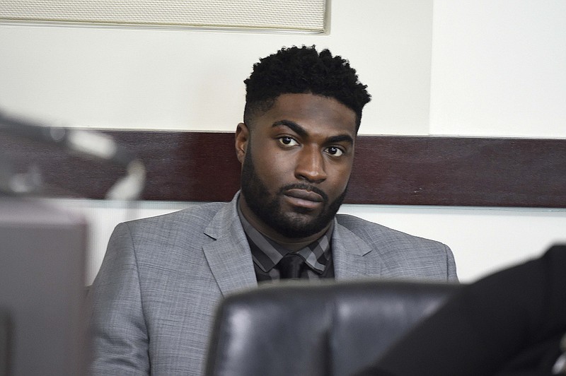 Former Vanderbilt football player Cory Batey listens during the opening day of his trial in Judge Monte Watkins' courtroom in the A. A. Birch building in Nashville on Monday, April 4, 2016. Batey was drunk and manipulated by three of his teammates on the night that an unconscious female student was raped, an attorney for Batey argued Monday, a departure from previous arguments that blamed a permissive college culture.