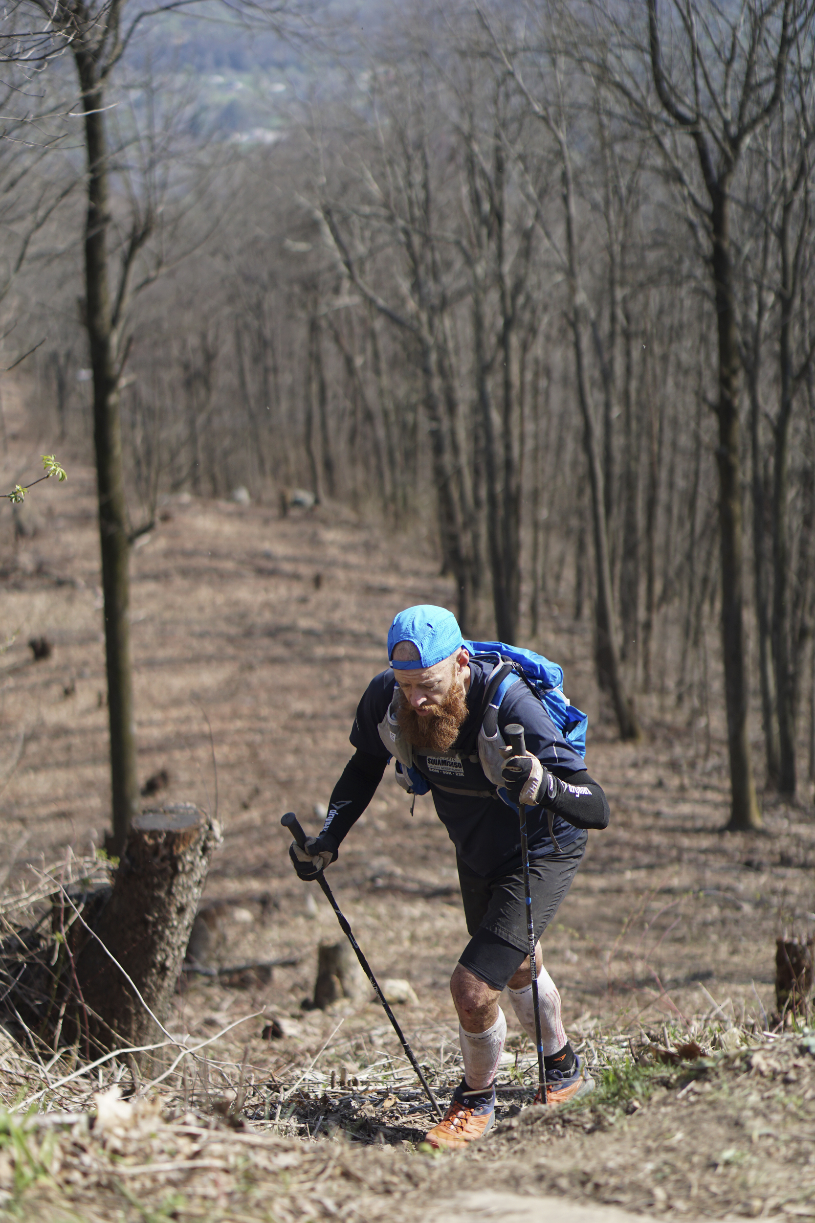 Staff Photo by Dan Henry / The Chattanooga Times Free Press- 4/4/16. Gary Robbins makes his way up "Rat Jaw" to the Frozen Head Lookout Tower on his fifth loop where a water drop and braille book await during the 30th running of the Barkley Marathons at Frozen Head State Park in Warburg, Tenn., on April 4, 2016. Robbins completed four and a half loops before pulling himself from the race due hallucinations from lack of sleep. The Barkley Marathons is part orienteering, part ultra marathon where a select few attempt to complete up to five 20 mile loops within a 60-hour time limit where they search for hidden book caches deep in the woods throughout the park.