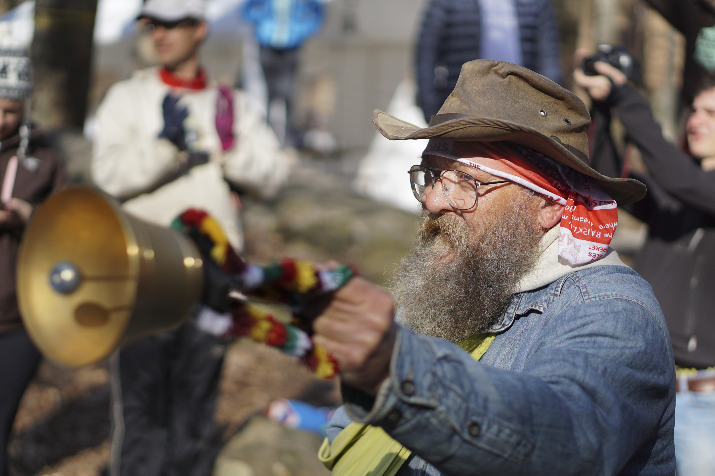 Staff Photo by Dan Henry / The Chattanooga Times Free Press- 4/4/16. Gary "Laz" Cantrell rings a bell as racers head out for their fifth lap during the 30th running of the Barkley Marathons at Frozen Head State Park in Warburg, Tenn., on April 4, 2016. The Barkley Marathons is part orienteering, part ultra marathon where a select few attempt to complete up to five 20 mile loops within a 60-hour time limit where they search for hidden book caches deep in the woods throughout the park.