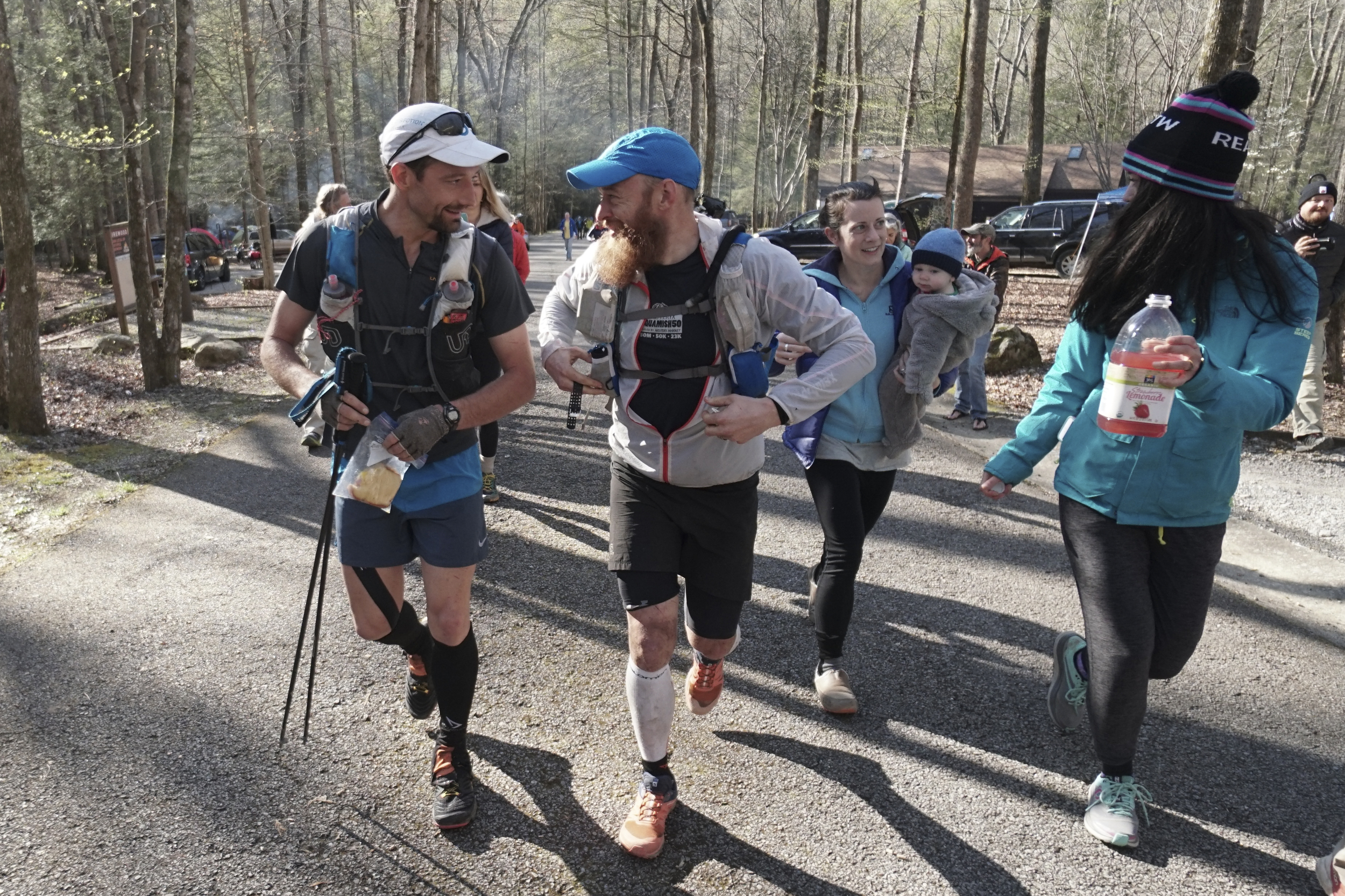 Staff Photo by Dan Henry / The Chattanooga Times Free Press- 4/4/16. Jared Campbell, left, and Gary Robbins prepare to head out for their fourth loop during the 30th running of the Barkley Marathons at Frozen Head State Park in Warburg, Tenn., on April 4, 2016. Campbell completed the race earning the designation of the first person to ever finish three times and Robbins completed four and a half loops before pulling himself from the race due hallucinations from lack of sleep. The Barkley Marathons is part orienteering, part ultra marathon where a select few attempt to complete up to five 20 mile loops within a 60-hour time limit where they search for hidden book caches deep in the woods throughout the park.