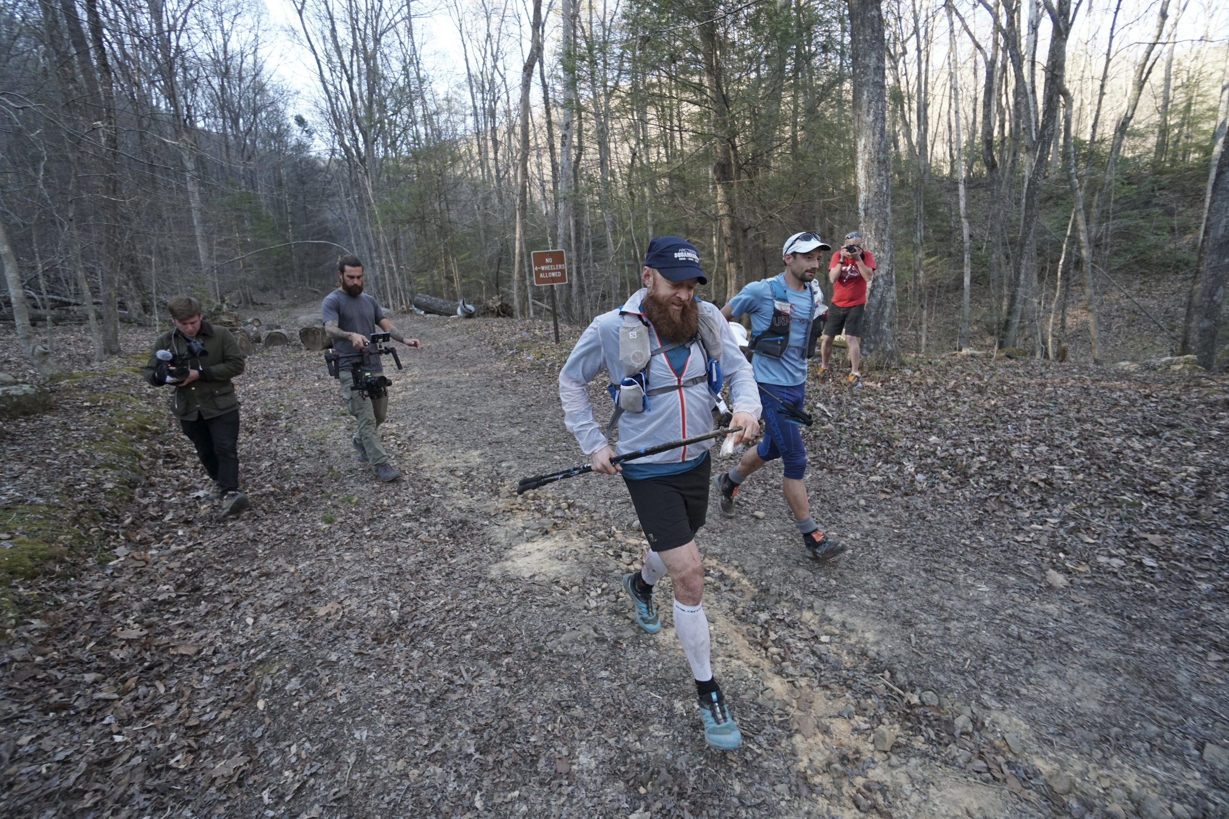 Staff Photo by Dan Henry / The Chattanooga Times Free Press- 4/4/16. Gary Robbins, left, and Jared Campbell return from their third loop during the 30th running of the Barkley Marathons at Frozen Head State Park in Warburg, Tenn., on April 3, 2016. Campbell completed the race earning the designation of the first person to ever finish three times and Robbins completed four and a half loops before pulling himself from the race due hallucinations from lack of sleep. The Barkley Marathons is part orienteering, part ultra marathon where a select few attempt to complete up to five 20 mile loops within a 60-hour time limit where they search for hidden book caches deep in the woods throughout the park.