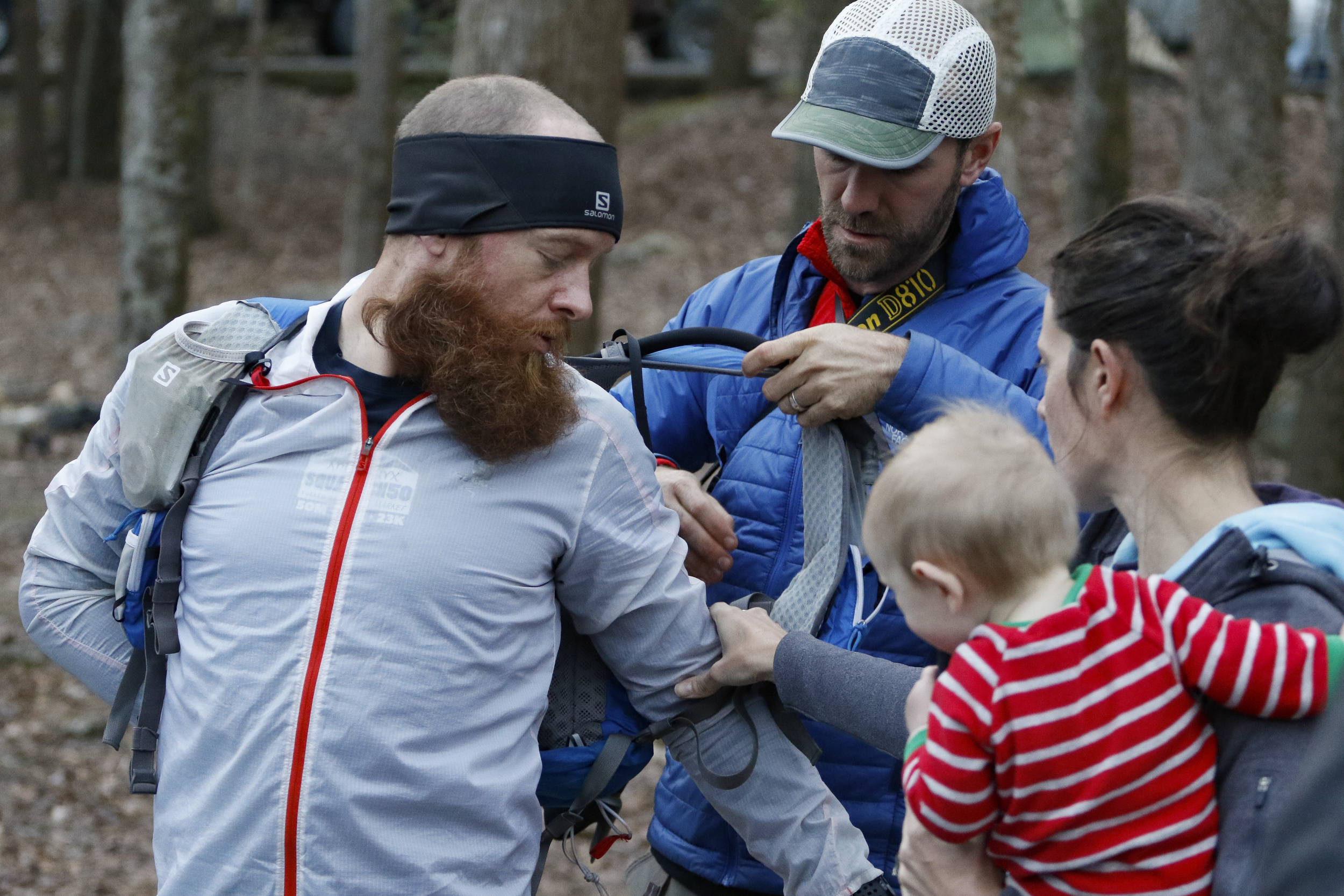 Staff Photo by Dan Henry / The Chattanooga Times Free Press- 4/4/16. Gary Robbins gears up before heading out on his fifth loop during the 30th running of the Barkley Marathons at Frozen Head State Park in Warburg, Tenn., on April 4, 2016. Robbins completed four and a half loops before pulling himself from the race due hallucinations from lack of sleep. The Barkley Marathons is part orienteering, part ultra marathon where a select few attempt to complete up to five 20 mile loops within a 60-hour time limit where they search for hidden book caches deep in the woods throughout the park.