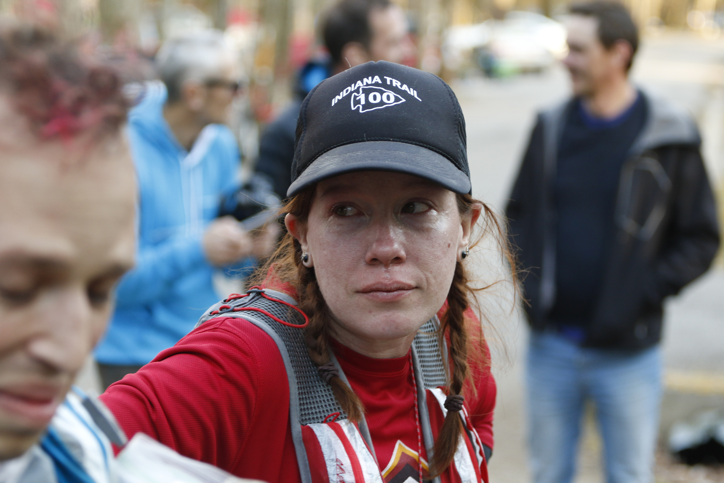 Staff Photo by Dan Henry / The Chattanooga Times Free Press- 4/3/16. Kimberly Durst becomes emotional as she completes a single 20-mile loop in 31hours 59minutes setting the record for the most time spent on one loop in race history. The Barkley Marathons is part orienteering, part ultra marathon where a select few attempt to complete up to five 20 mile loops within a 60-hour time limit where they search for hidden book caches deep in the woods throughout the park.