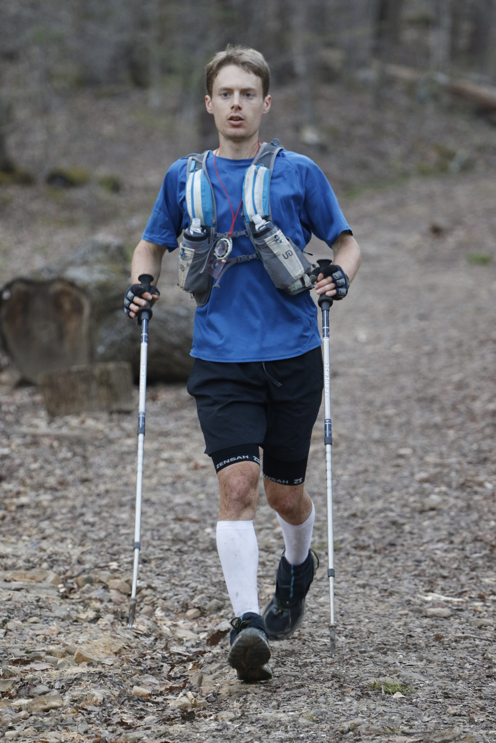 Staff Photo by Dan Henry / The Chattanooga Times Free Press- 4/3/16. John Kelly makes his way into the Frozen Head State Park campground upon finishing his third loop during the 30th running of the Barkley Marathons at Frozen Head State Park in Warburg, Tenn., on April 3, 2016. Kelly completed four loops and began a fifth before deciding to quit. The Barkley Marathons is part orienteering, part ultra marathon where a select few attempt to complete up to five 20 mile loops within a 60-hour time limit where they search for hidden book caches deep in the woods throughout the park.
