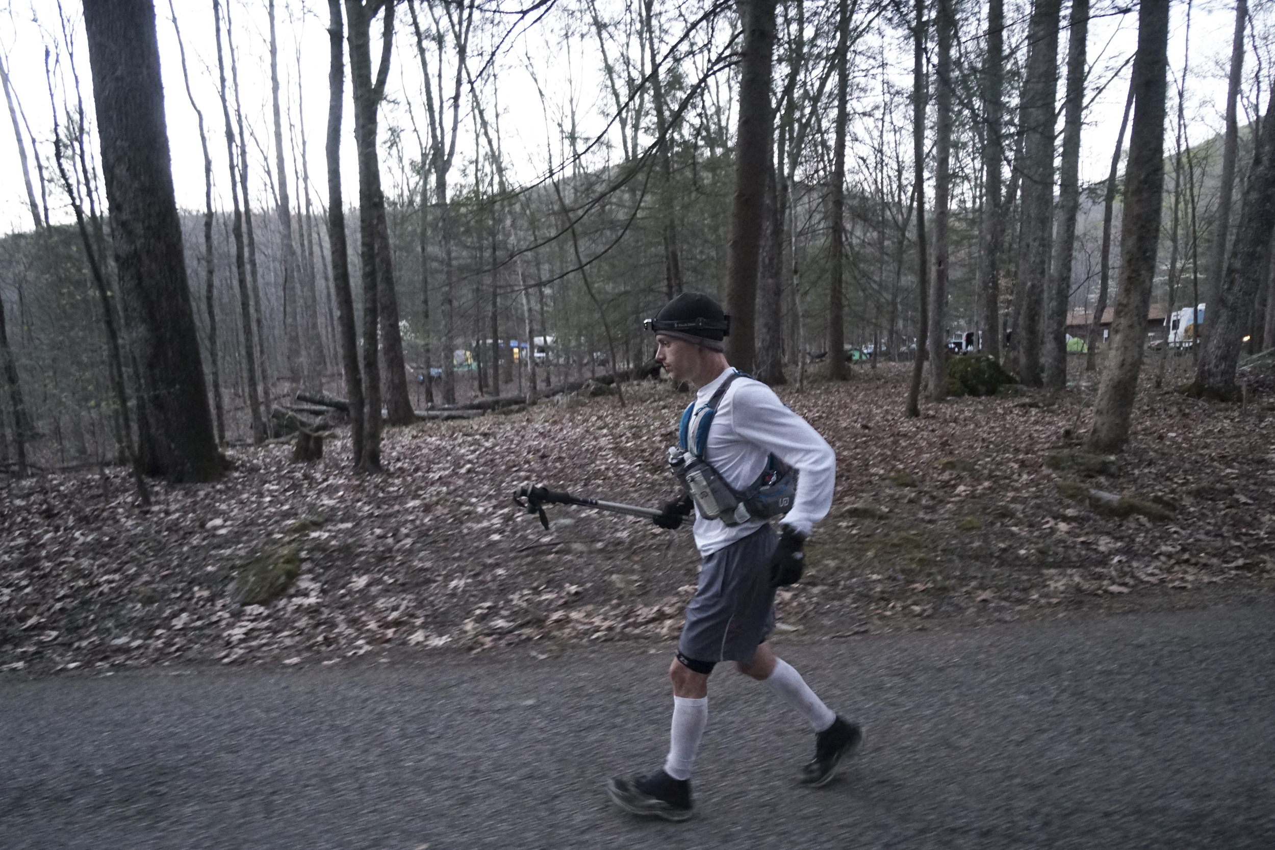 Staff Photo by Dan Henry / The Chattanooga Times Free Press- 4/3/16. John Kelly makes his way out of the Frozen Head State Park campground to start his fourth loop during the 30th running of the Barkley Marathons at Frozen Head State Park in Warburg, Tenn., on April 3, 2016. Kelly completed four loops and began a fifth before deciding to quit. The Barkley Marathons is part orienteering, part ultra marathon where a select few attempt to complete up to five 20 mile loops within a 60-hour time limit where they search for hidden book caches deep in the woods throughout the park.