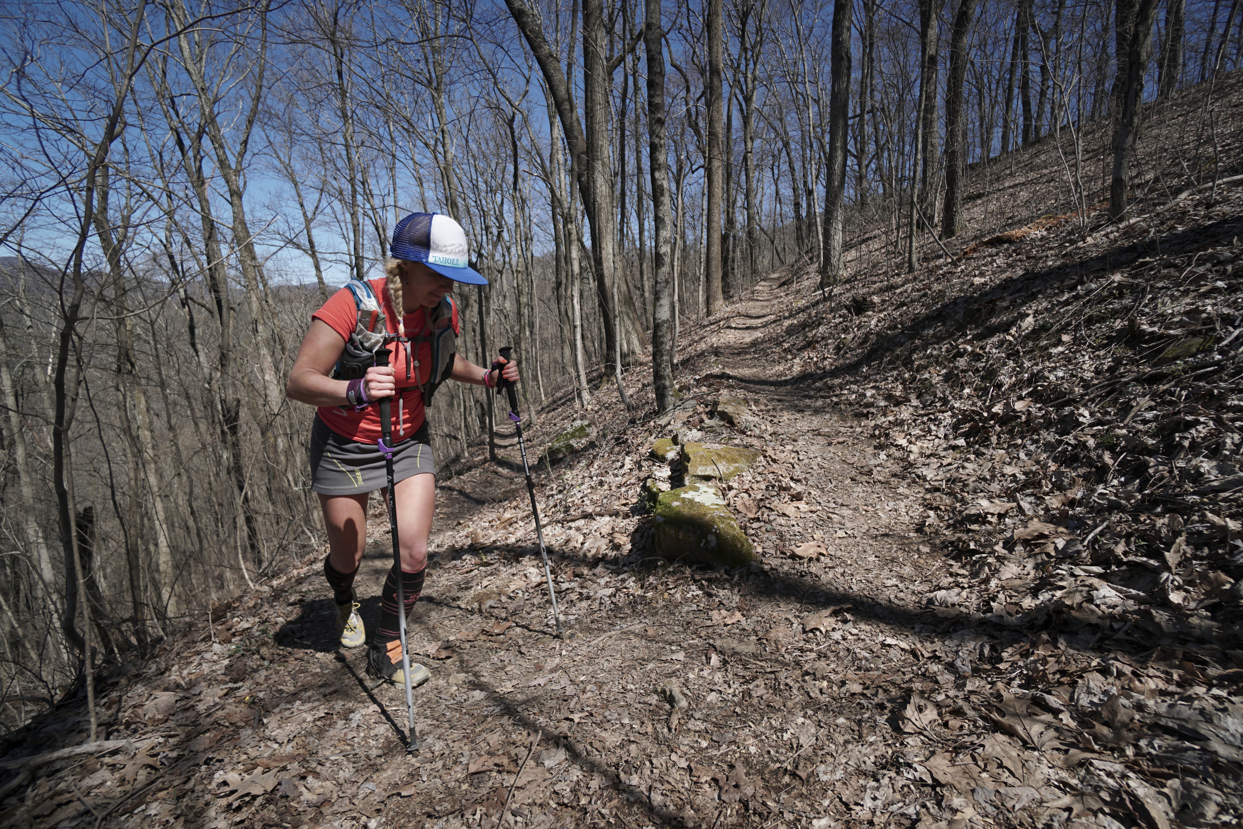 Staff Photo by Dan Henry / The Chattanooga Times Free Press- 4/3/16. Jennilyn Eaton from Salt Lake City makes her way up the Chimney Top Trail on her third loop during the 30th running of the Barkley Marathons at Frozen Head State Park in Warburg, Tenn., on April 3, 2016. Jennilyn was the only female to start a third loop at the 2016 Barkley. The Barkley Marathons is in its 30th year and consists of part orienteering and part ultra marathon where a select few attempt to complete five 20 mile loops within a 60-hour time limit where they search for hidden book caches deep in the woods throughout the park.