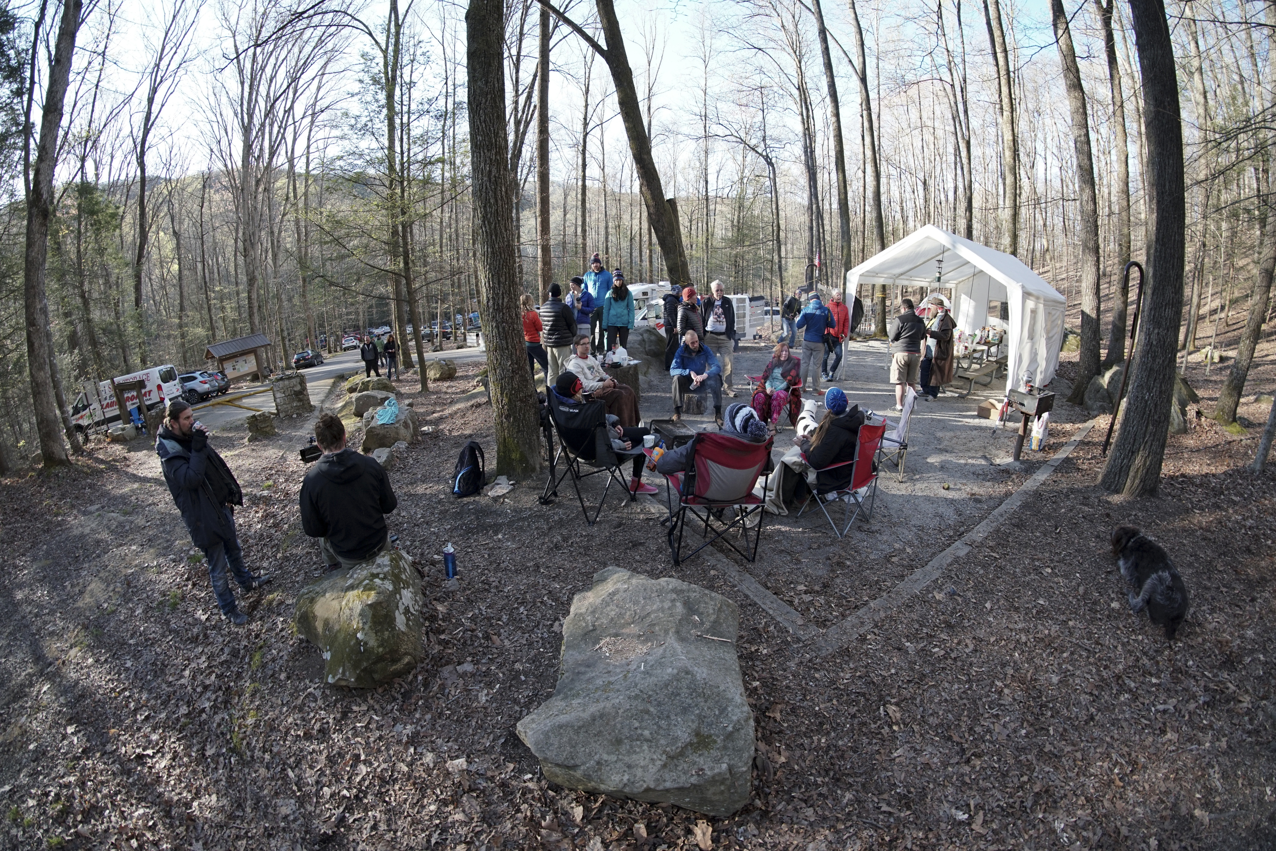Staff Photo by Dan Henry / The Chattanooga Times Free Press- 4/4/16. Spectators congregate at the race staging area to wait for participants to arrive during the 30th running of the Barkley Marathons at Frozen Head State Park in Warburg, Tenn., on April 3, 2016. The Barkley Marathons is part orienteering, part ultra marathon where a select few attempt to complete up to five 20 mile loops within a 60-hour time limit while searching for hidden book caches deep in the woods throughout the park.
