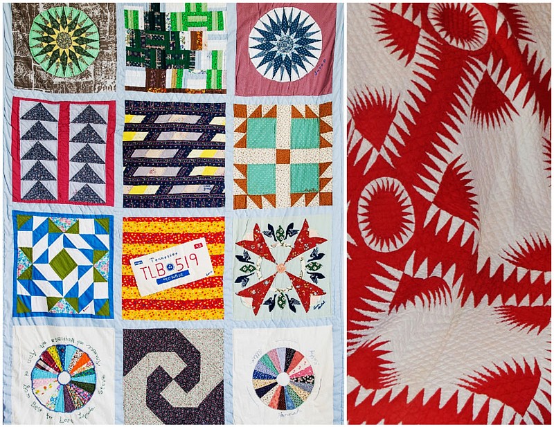 This combined image from the Monroe Area Council for the Arts shows two examples of the handiwork featured in "A Story in Stitches: Friendship Quilts & Treasured Quilts" on view in Madisonville, Tenn.