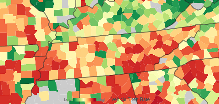 A screenshot of an interactive map provided by Graphiq shows vehicle theft rates in Hamilton County, Tennessee.