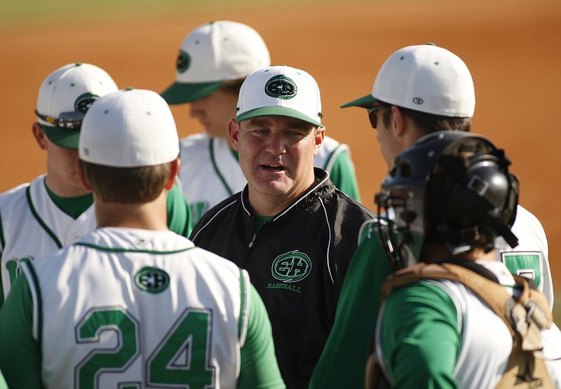 Staff Photo by Doug Strickland/Chattanooga Times Free Press - April 23, 2013.  East Hamilton baseball coach Steve Garland talks with players before their baseball game against Central Tuesday at Chattanooga State Technical Community College in Chattanooga, Tenn.