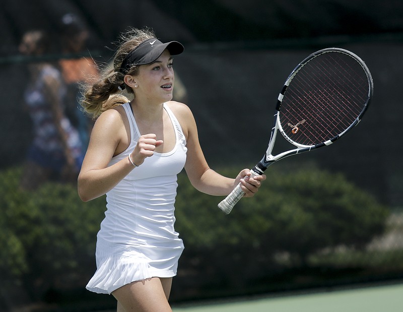 Baylor tennis player Drew Hawkins reacts to winning her D-II AA state girls tennis championship tournament match against Brentwood's Mackenzie Philips on Thursday, May 21, 2015, at the TSSAA Spring Fling in Murfreesboro, Tenn.