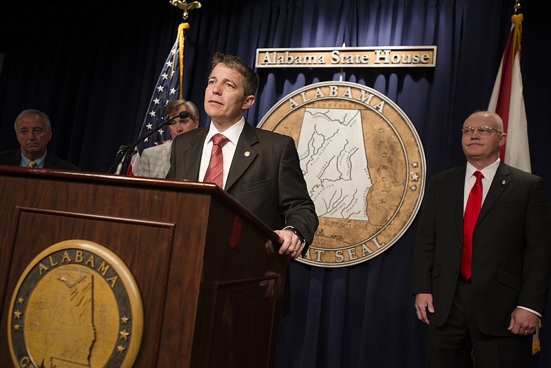 Alabama Rep. Ed Henry, R-Hartselle, announces that he will be filing an impeachment resolution for Gov. Robert Bentley, before filing it in the Alabama House of Representatives on Tuesday, April 5, 2016, at the Alabama State House in Montgomery, Ala. Henry says he is filing the impeachment resolution in the wake of a scandal involving one of the governor's top aides, who has since resigned. The resolution will likely be sent to the House Rules Committee for consideration.