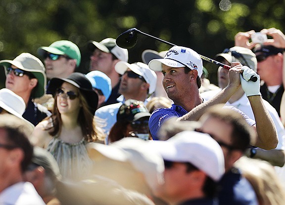 Harris English  tees off on the eighth hole during a practice round for the Masters golf tournament, Tuesday, April 5, 2016, in Augusta, Ga. (AP Photo/Charlie Riedel)