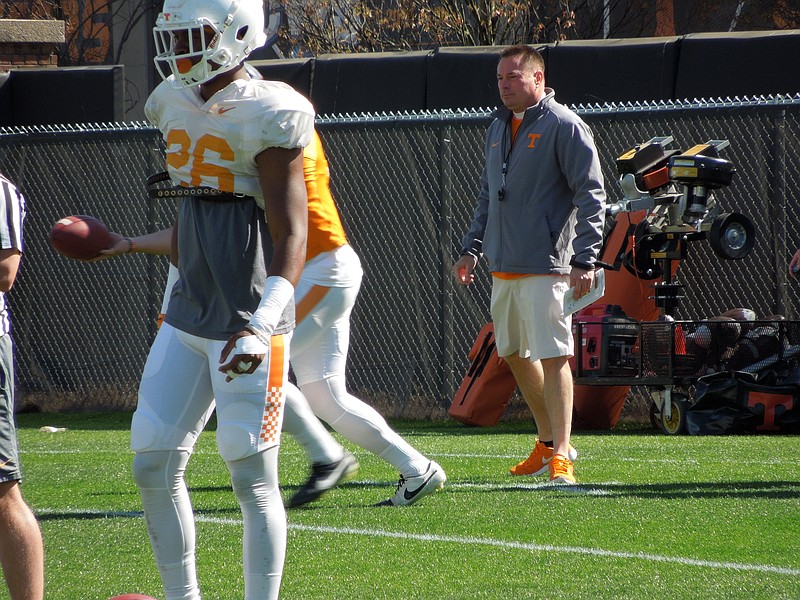 Head coach Butch Jones watches Tennessee's practice at Haslam Field on April 5, 2016.