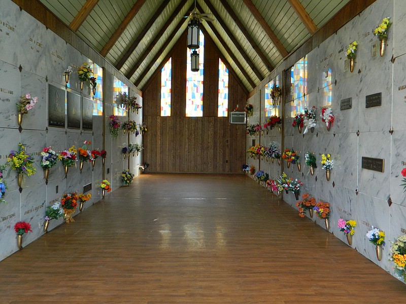 The central mausoleum hall at Sunset Memorial Gardens.