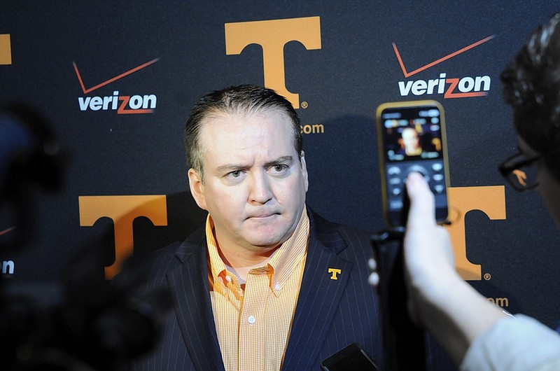 Donnie Tyndall answers questions from the media at the Big Orange Caravan appearance at The Chattanoogan in this file photo.