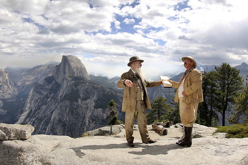 Lee Stetson, left, as naturalist and poet John Muir and Joe Wiegand as President Teddy Roosevelt appear in a scene from "National Parks Adventure 3D." Now showing at the Imax Theater, the film re-creates the camping trip in Yosemite Valley that led to the creation of the national park system 100 years ago. Wiegand will visit today for a screening that includes a program with him in character.