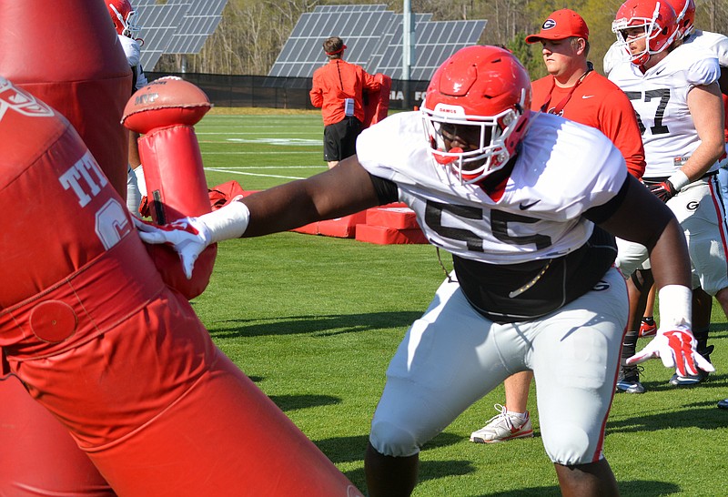 Georgia defensive lineman Julian Rochester (55) during the Bulldogs' spring football practice on Tuesday, March 22, 2016, in Athens, Ga. (Photo by Steven Colquitt)