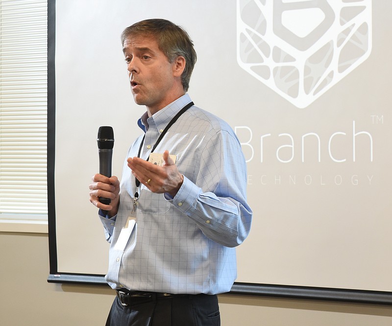 Charlie Brock, CEO of Launch Tennessee, welcomes all before Branch and Innovasan make their pitches Wednesday at the Company Lab, located on the 5th floor of the Edney Building in Chattanooga. 