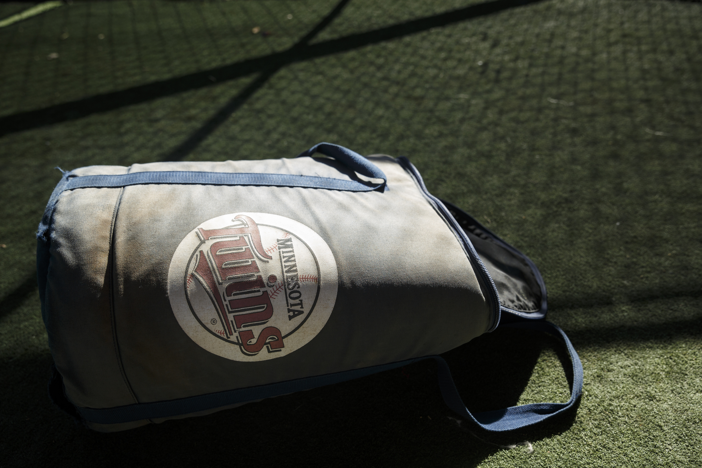 A Minnesota Twins bag sits in the batting cage at the Lookouts' home opener against the Generals at AT&T Field on Tuesday, April 12, 2016, in Chattanooga, Tenn.