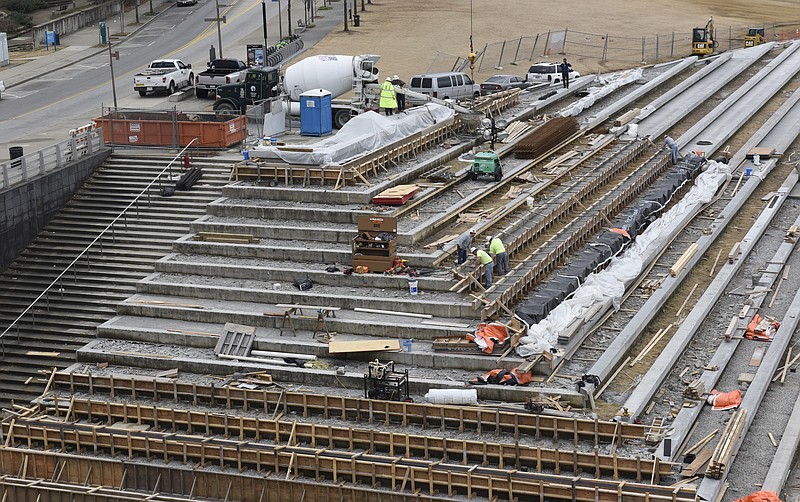 Photographed Monday, Feb. 1, 2016, in Chattanooga, Tenn., construction continues where the concrete steps at Ross's Landing are being rebuilt at the 21st Century Riverfront.