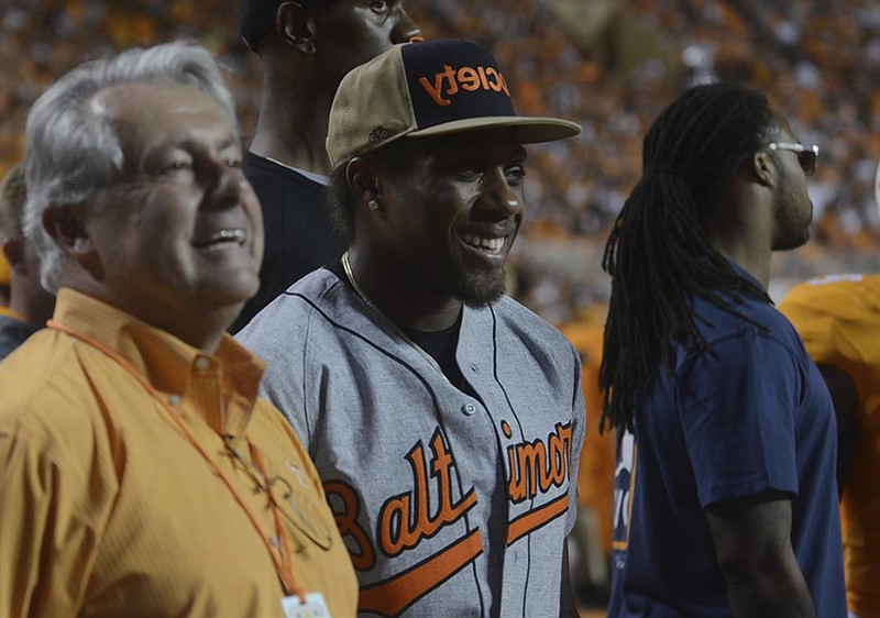Former Tennessee football standout Eric Berry, center, watches last year's game against Western Carolina at Neyland Stadium in Knoxville. Now a safety for the Kansas City Chiefs, Berry battled Hodgkin's lymphoma in 2014 and 2015 but returned in time to help lead his team to the NFL playoffs this past season. He will be the featured guest speaker at the annual Times Free Press Best of Preps banquet June 9 at the Chattanooga Convention Center.