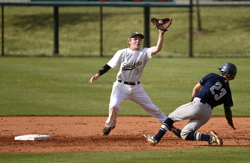 Brett Boles of CSAS prepares to slide into second base ahead of the throw to Silverdale Baptist Academy second baseman Sawyer Junkins as Silverdale hosts the Chattanooga School for the Arts and Sciences in a high school baseball game on Thursday, Apr. 14, 2016, in Chattanooga, Tenn. 