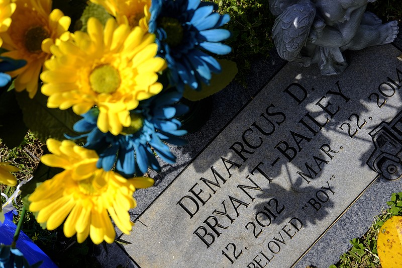 Flowers decorate the grave site of Demarcus Bryant, who died in March 2014 from an overdose caused by a 25-microgram fentanyl patch, at Greenwood Cemetery on Friday, April 15, 2016, in Chattanooga, Tenn. Bryant would have celebrated his 4th birthday on April 12th. Last week, a jury convicted Bryant's caretaker, Jaqueline Escareno, 52, of criminally negligent homicide for Bryant's death.